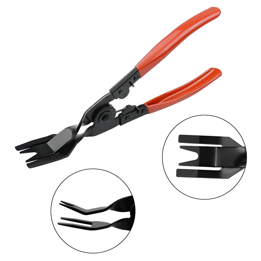 Red-handled steel automotive clip removal pliers for door panel fasteners.