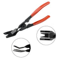 Red-handled steel automotive clip removal pliers for door panel fasteners.