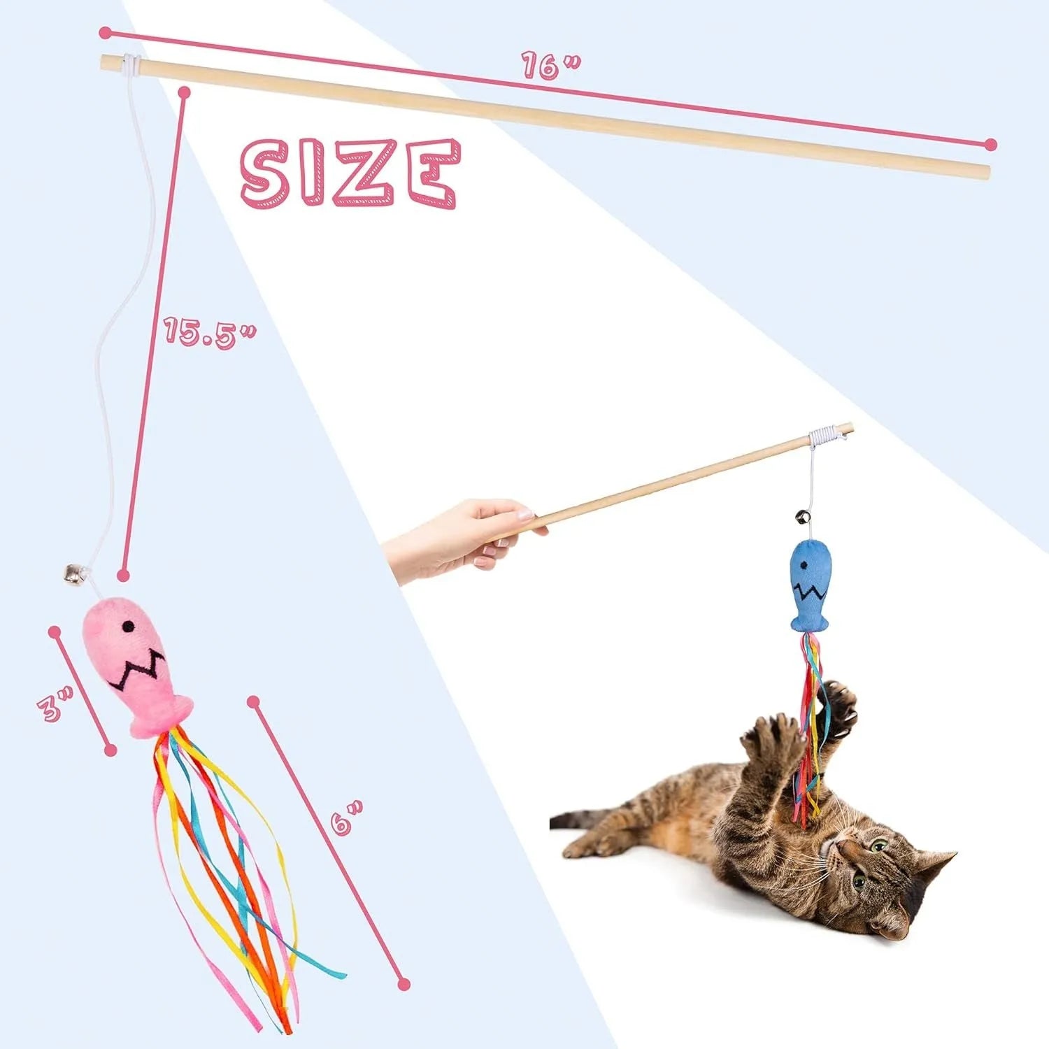 Cat wand toy with wooden handle, colourful ribbons, bell and catnip fish attachment