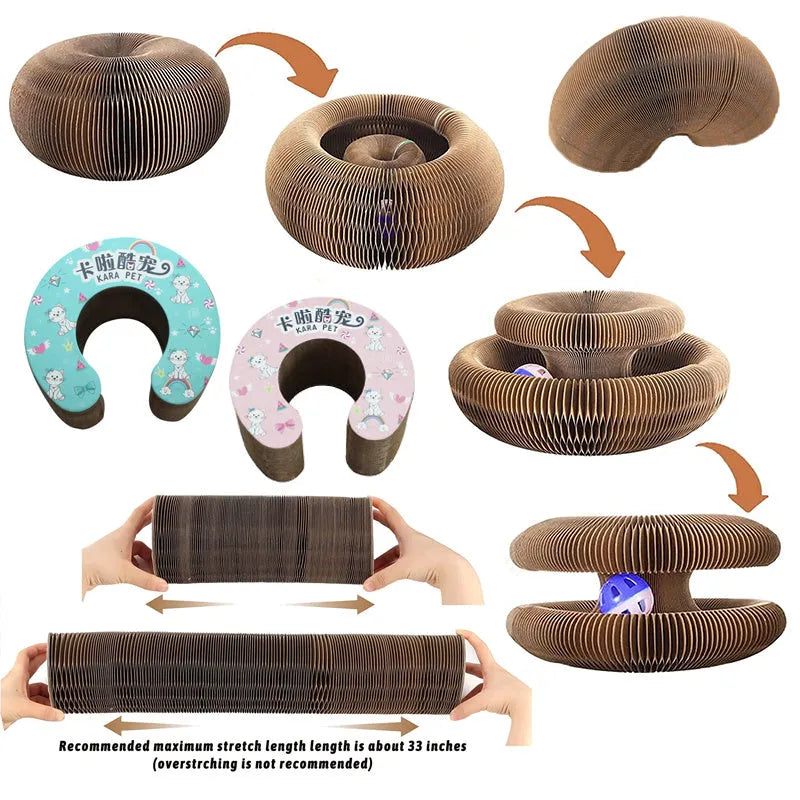 Pet magnetic folding organ toy cat scratch board in white with ball and menthol accessories on paper surface