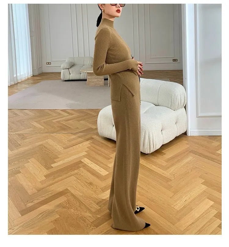 Women's apricot knitted three-piece set with cardigan, top, and wide-leg trousers on a hanger.