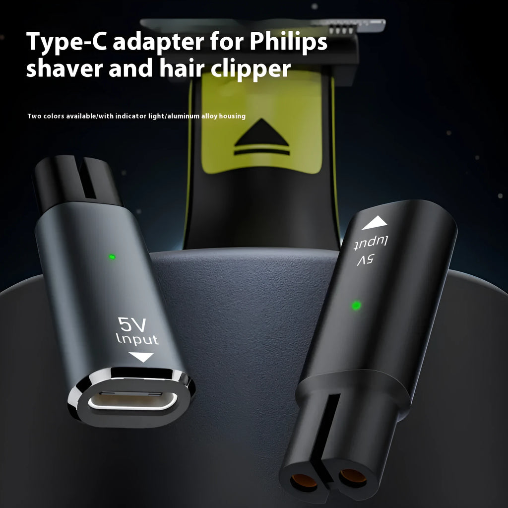 USB-C charging adapter for electric shavers with aluminium alloy casing in black or grey