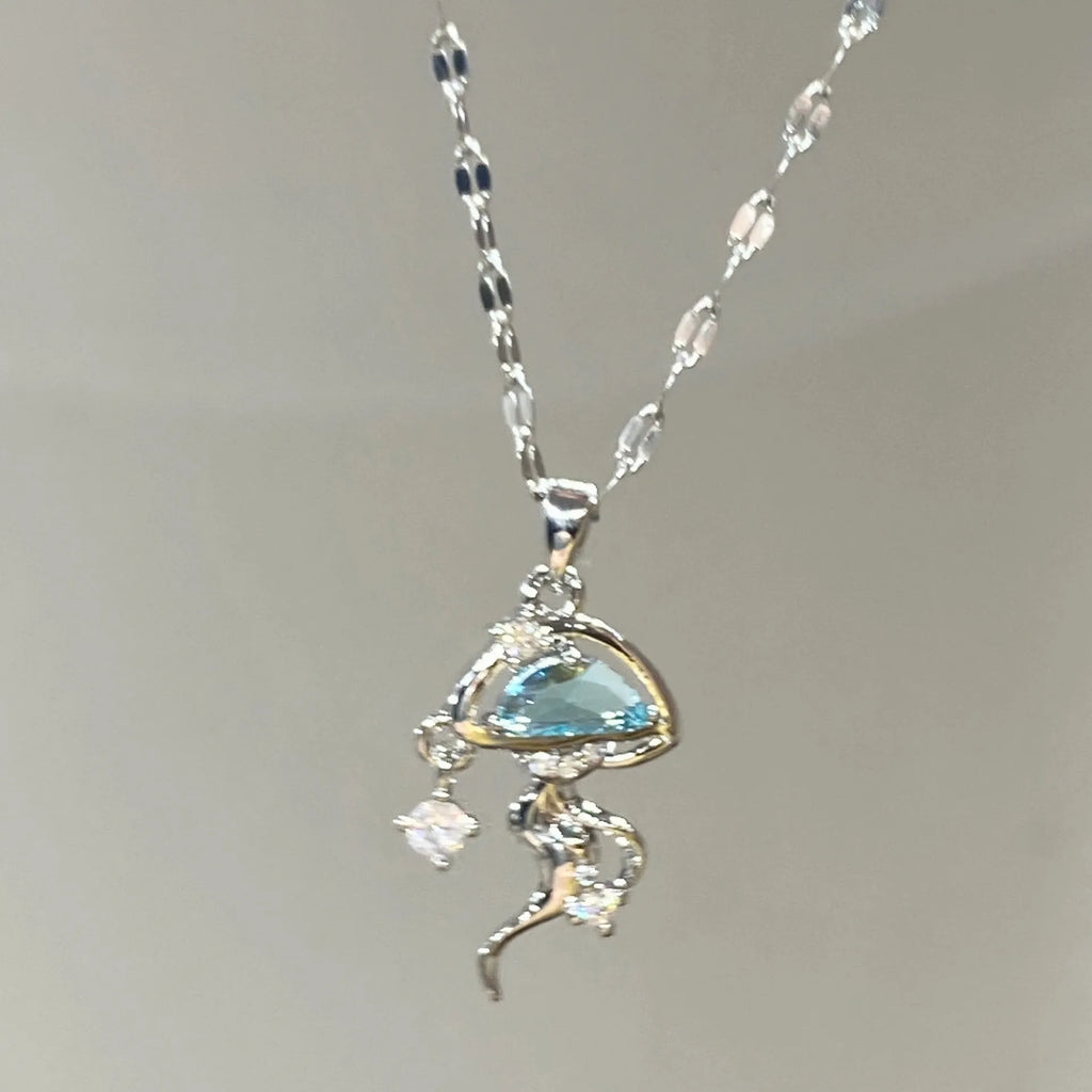 Sterling silver blue jellyfish necklace with white gold finish on adjustable chain
