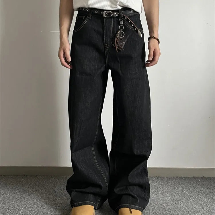 Black retro loose wide-leg jeans with straight-leg cut and zip fly placket
