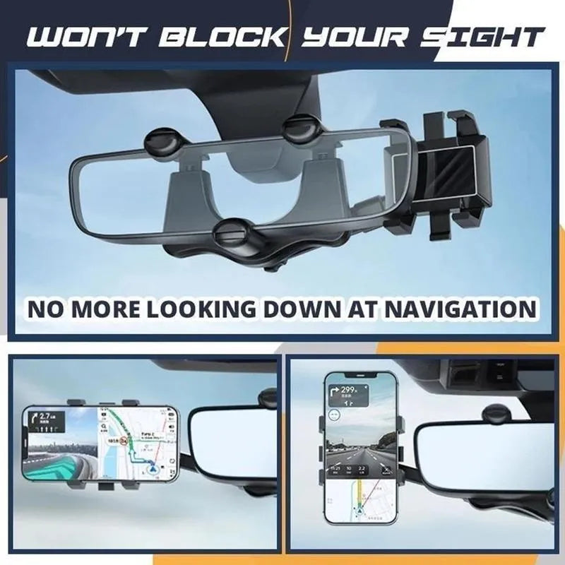 Black rearview mirror car phone holder with retractable arm and 360-degree rotating phone clamp.