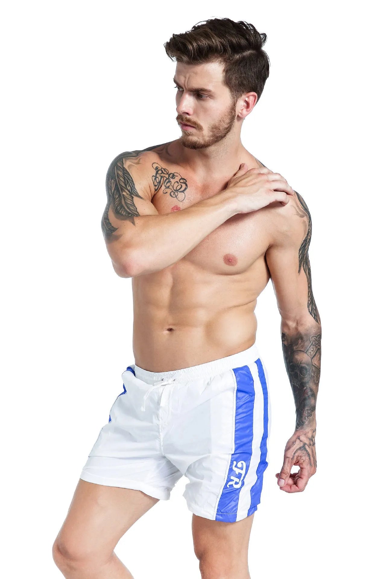 Blue men's slim-fit sports shorts with lace-up front and padding for running and casual wear.