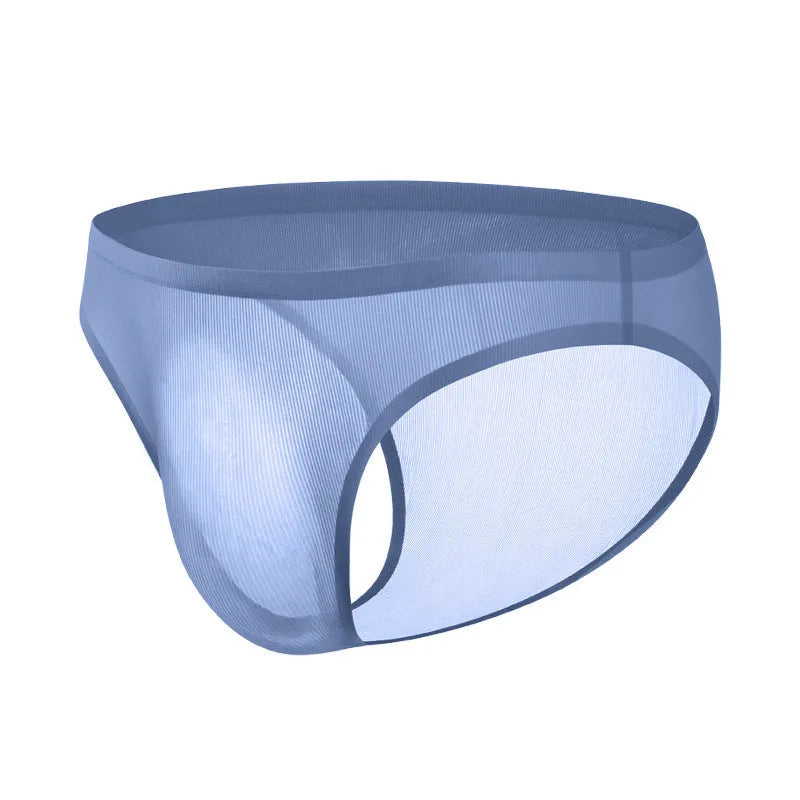 Men's seamless ice silk briefs in a black stripe colour, showing ultra-thin low waist design.