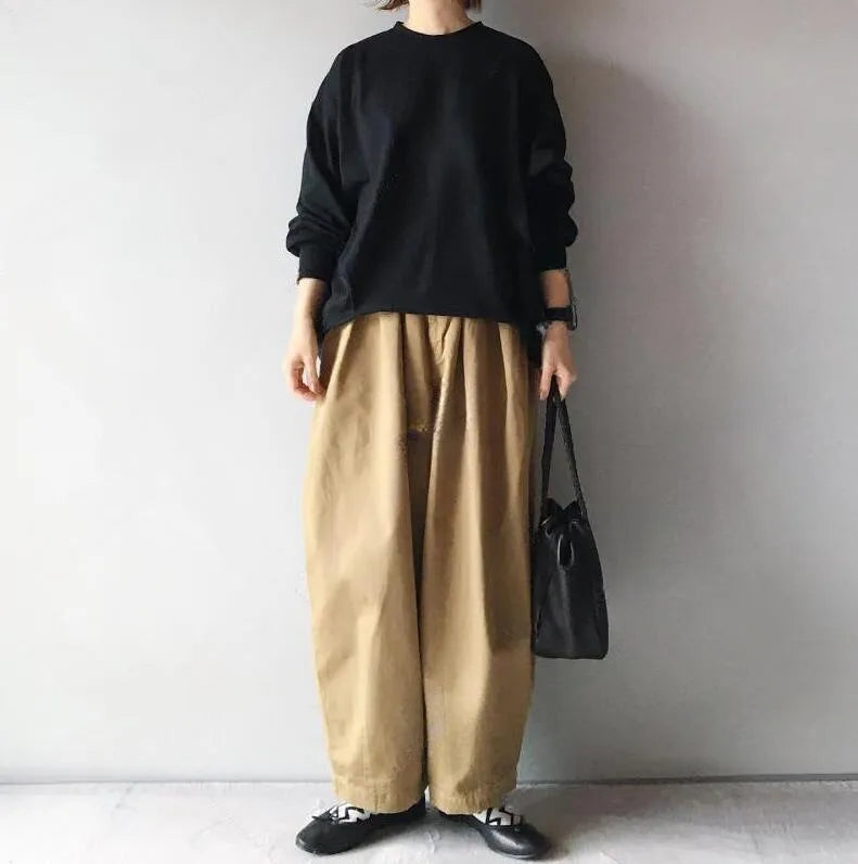 Lantern sleeve loose round neck sweater and wide leg cropped pants two-piece set for women in polyester fibre