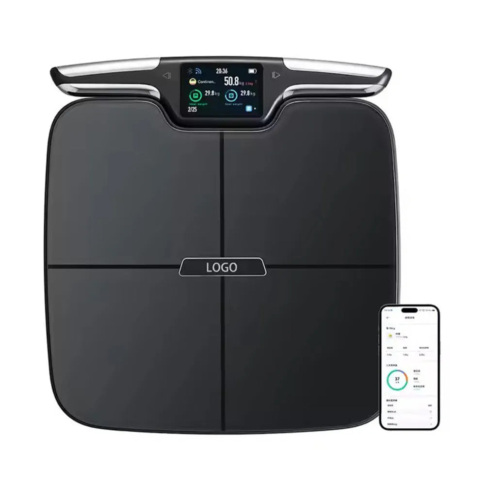 Black square eight-electrode intelligent body fat weighing scale on a floor