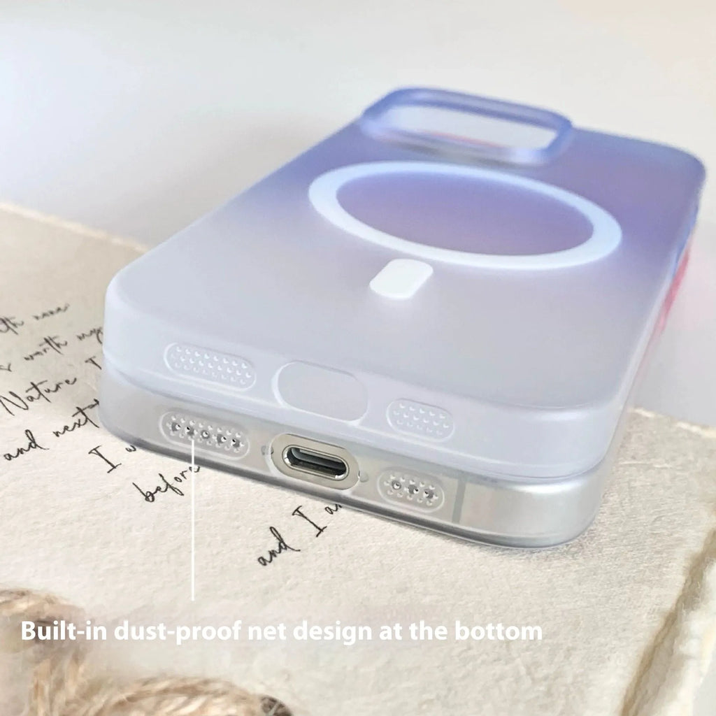 Gradient colour frosted magnetic suction protective case for iPhone on a white background.