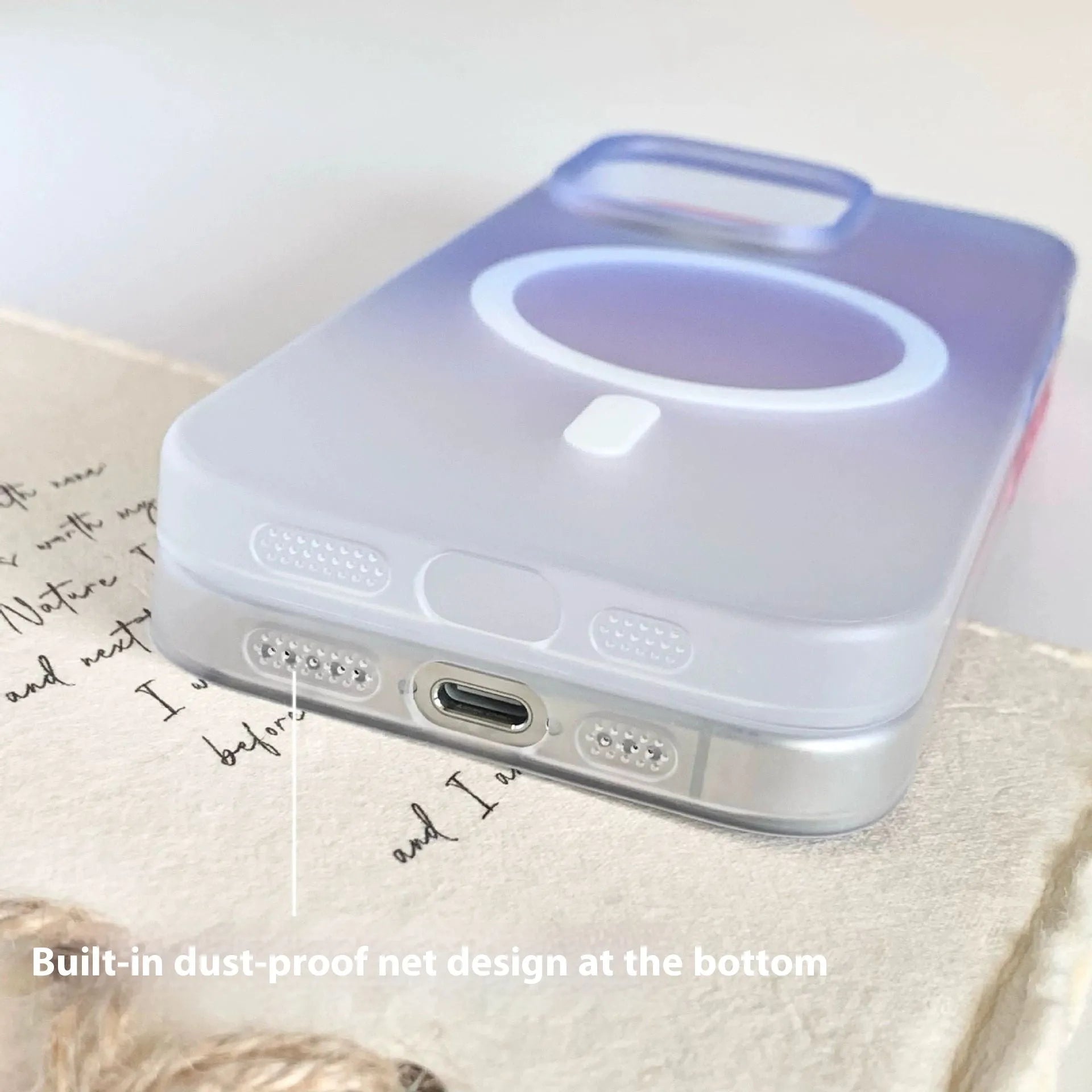 Gradient colour frosted magnetic suction protective case for iPhone on a white background.