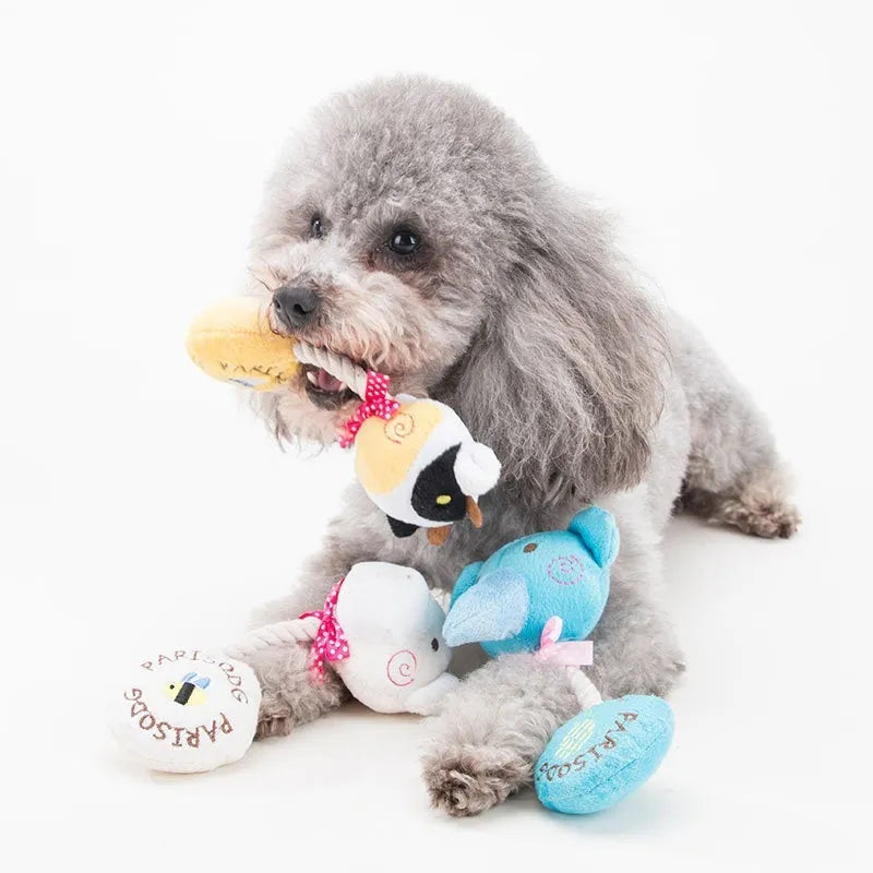Plush rope dog toy with animal design featuring squeaker and cotton rope centre