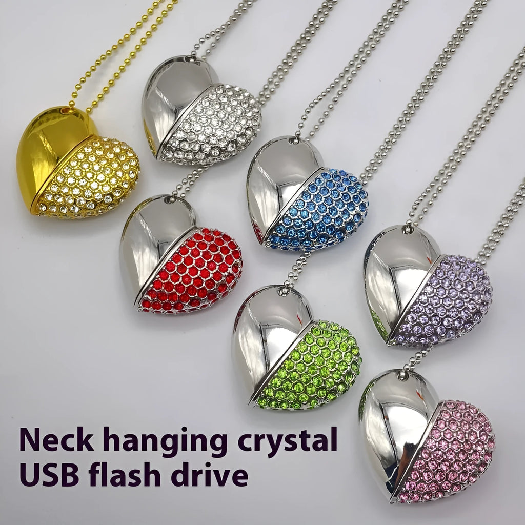 Brick-inlaid heart-shaped metal USB flash drive showing colour options and compact size