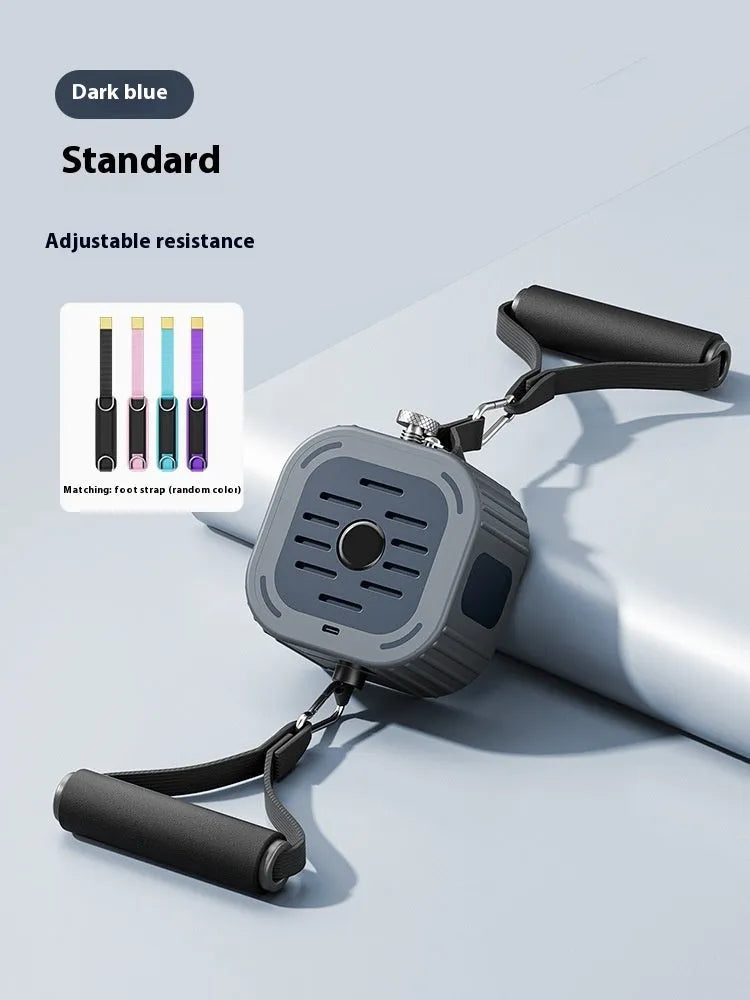 Adjustable power pump chest expander in navy blue, showing 115cm wide ABS frame with pump handles.