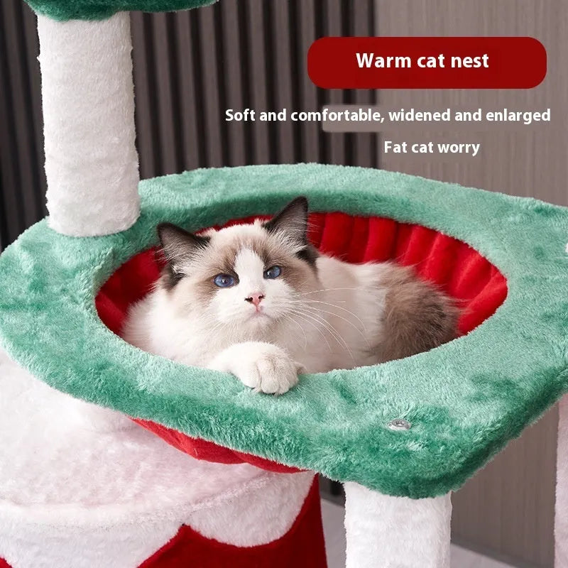 Cat scratching post integrated toy in Christmas colours with density board construction