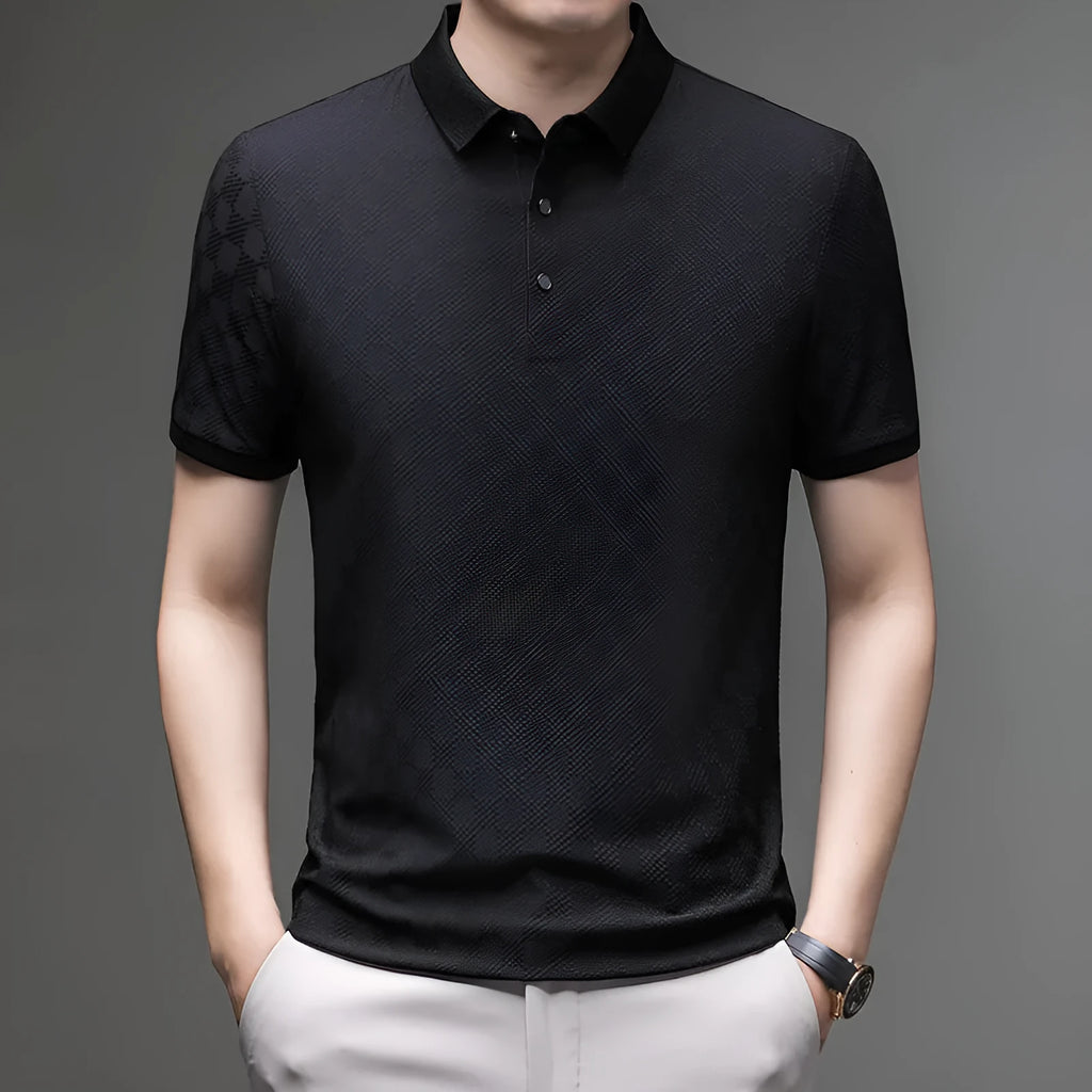 Rhombus thin ice silk short sleeve t-shirt in black with a slit detail on the hem.