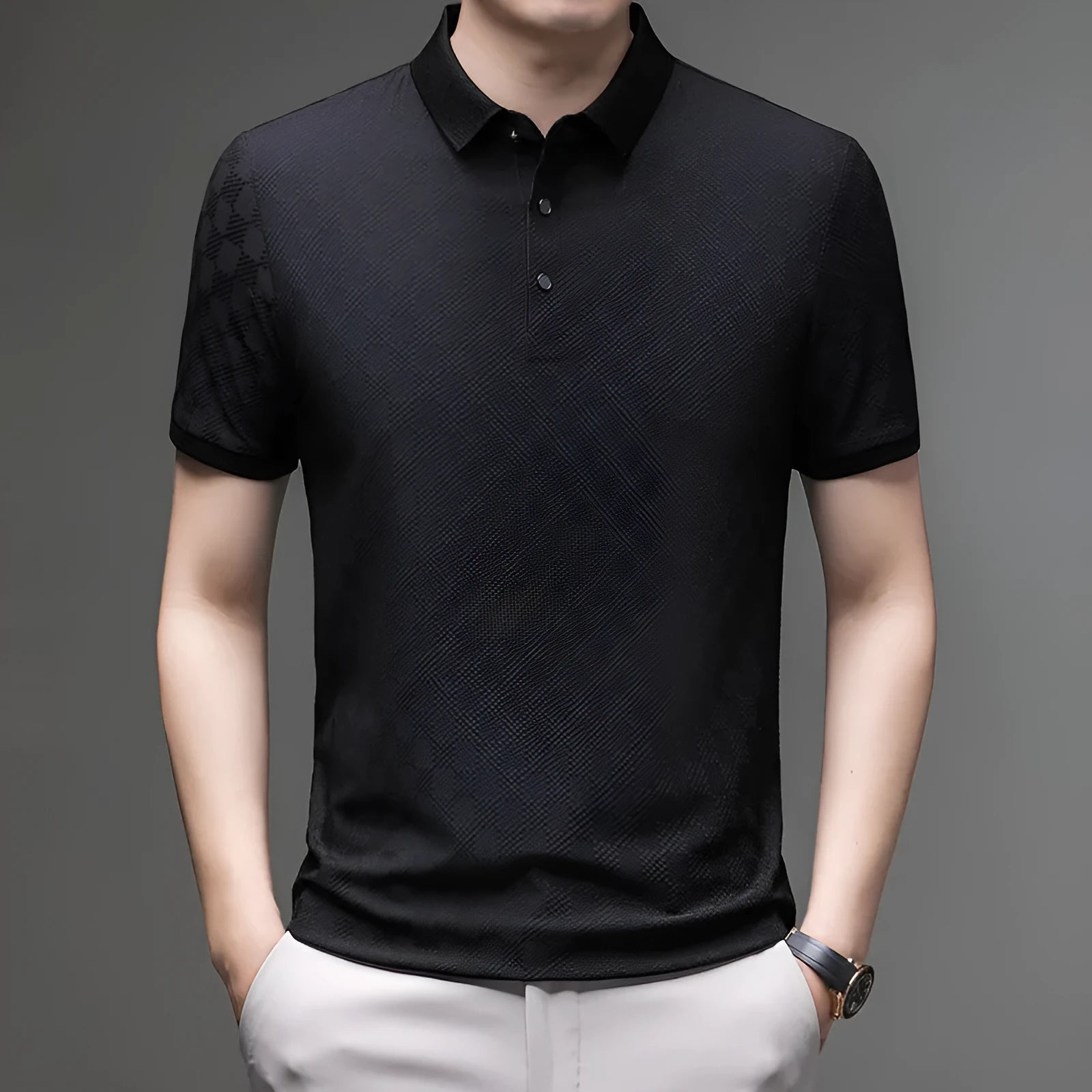 Rhombus thin ice silk short sleeve t-shirt in black with a slit detail on the hem.