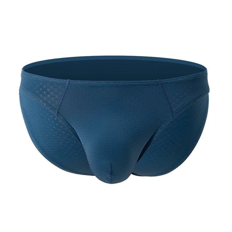 Men's solid colour low waist briefs in ice silk fabric on a white background.