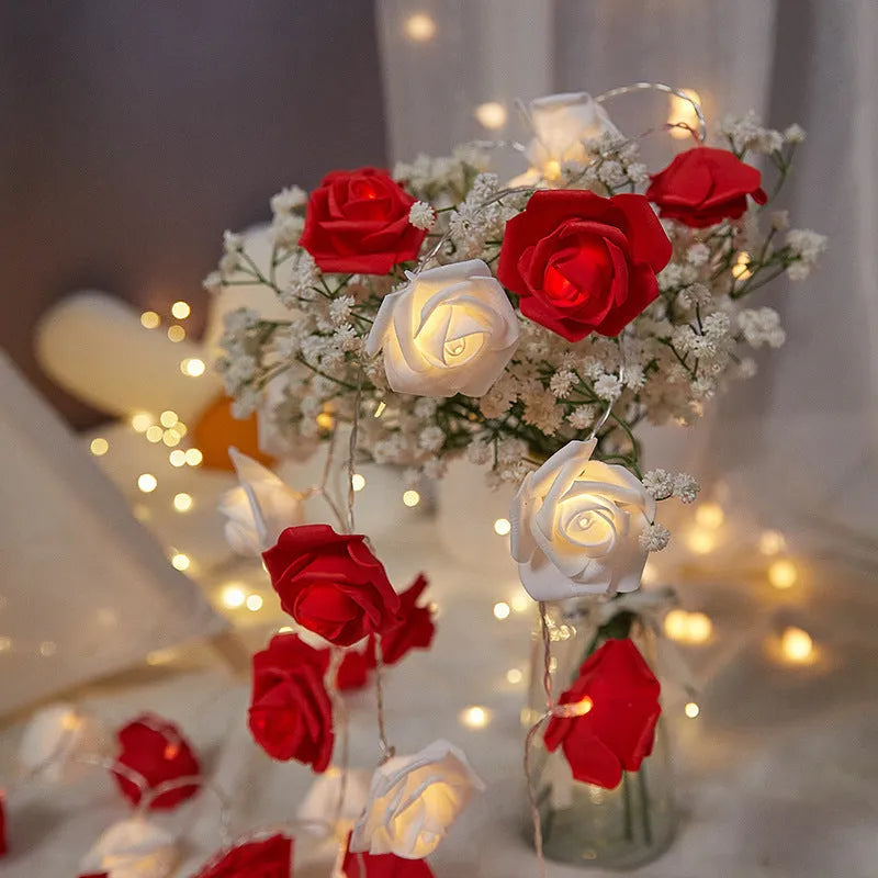 LED rose light string with battery pack and PV foam rose heads in multiple colour options
