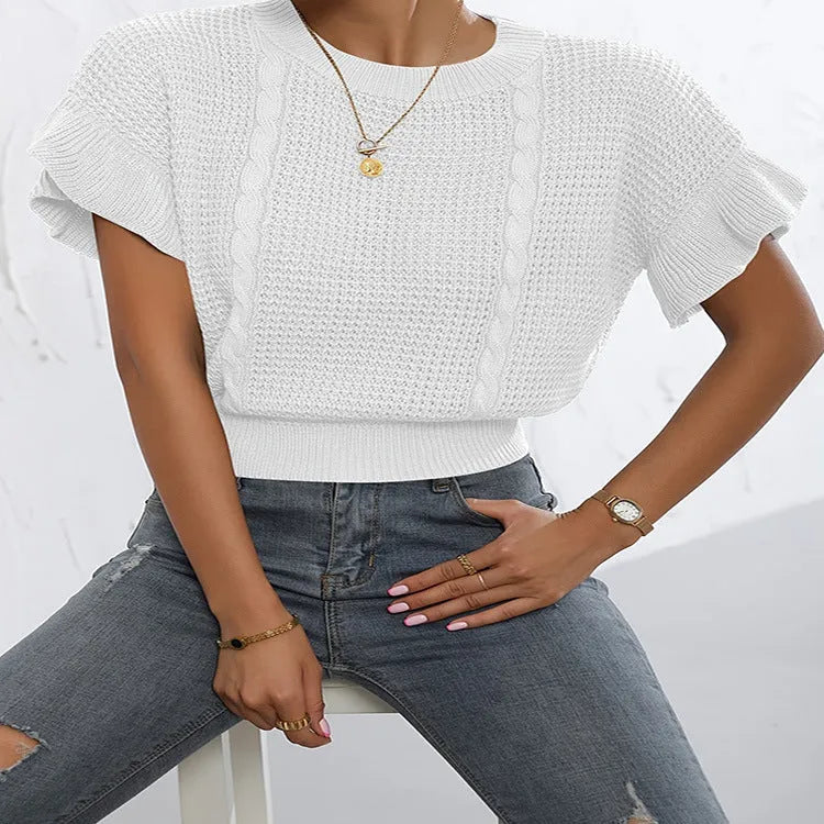 Knitted pullover sweater with twisted string ruffled sleeves and 3D pattern in loose Japanese Korean casual style