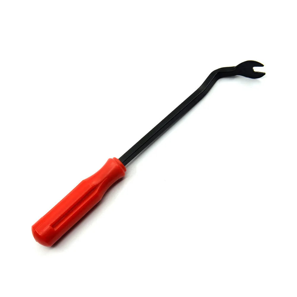 Red-handled steel automotive clip removal pliers for door panel fasteners.