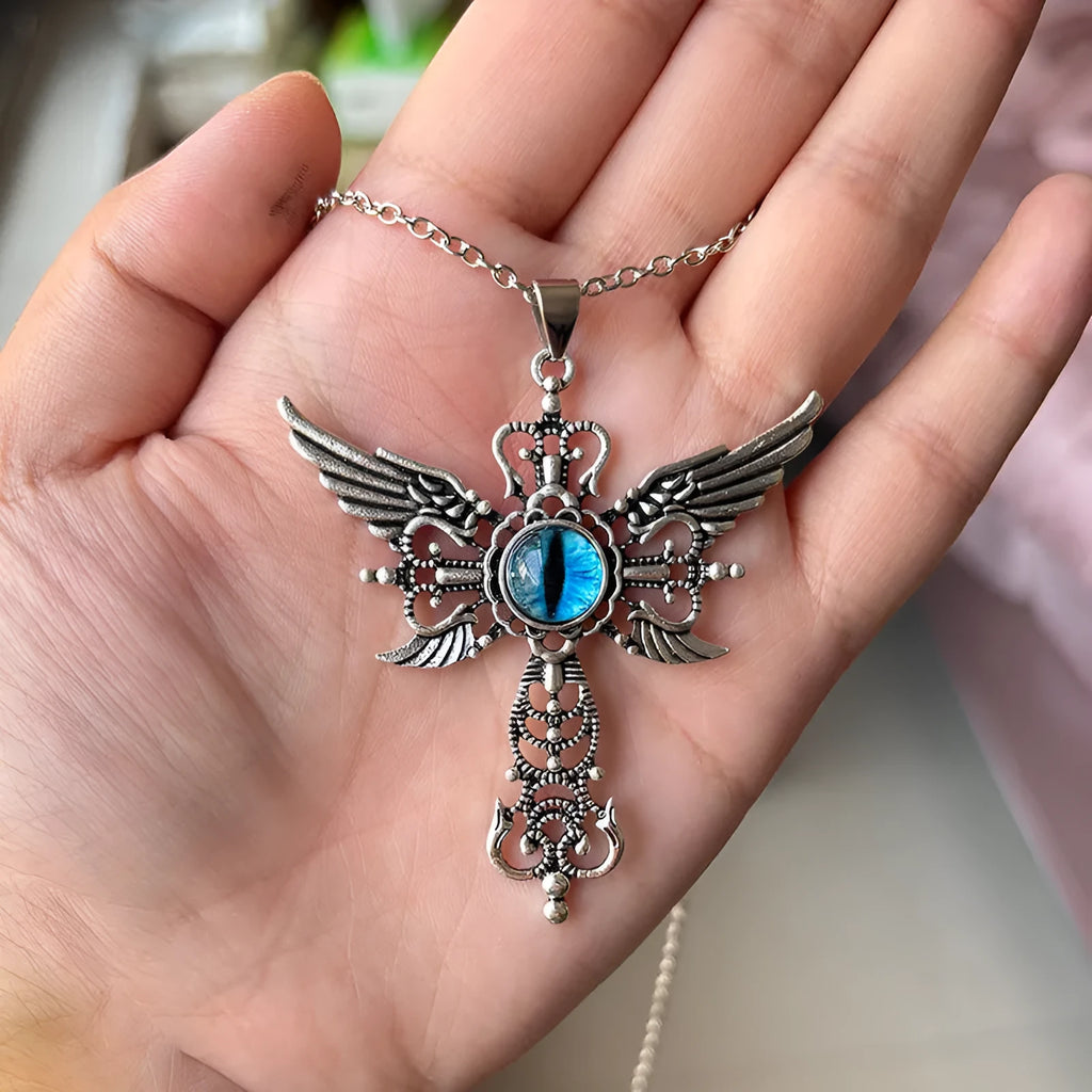 Geometric devil wings and cross alloy pendant necklace on a chain in blue, green, purple, red, yellow.