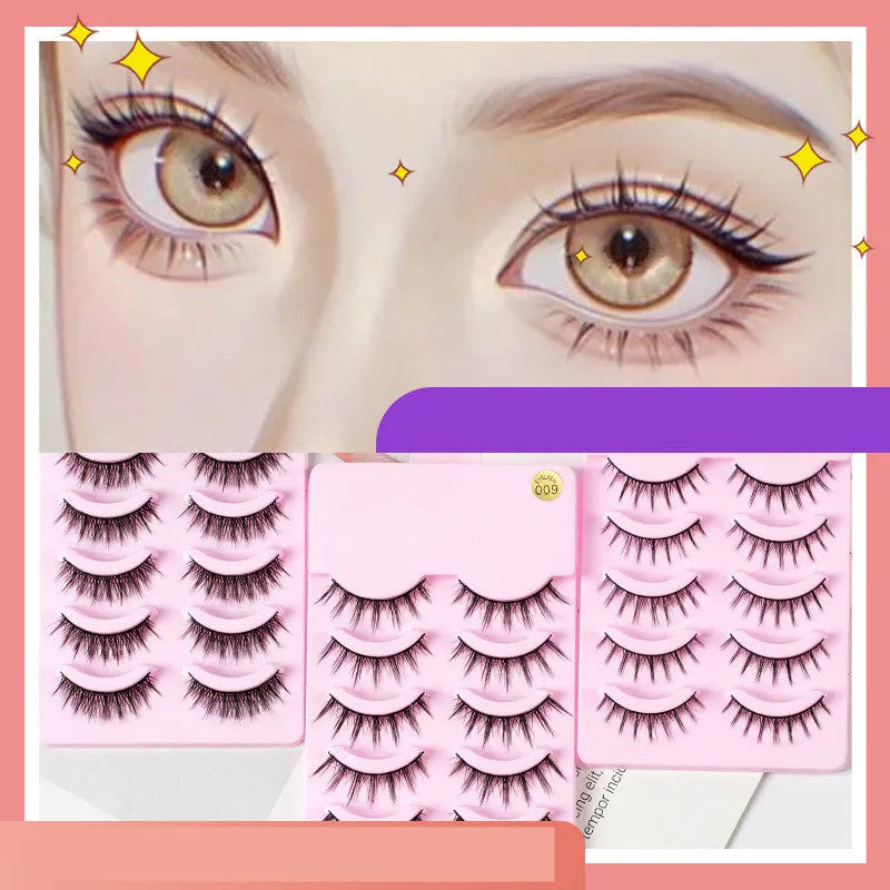 Bundle of manga false eyelashes showing three wispy styles 007, 008, and 009 on a black plastic terrier strip.