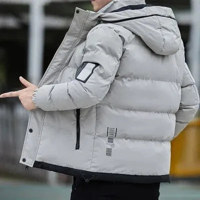 Men's casual padded down jacket with stand-up collar, polyester fill, in black, blue, and khaki colours