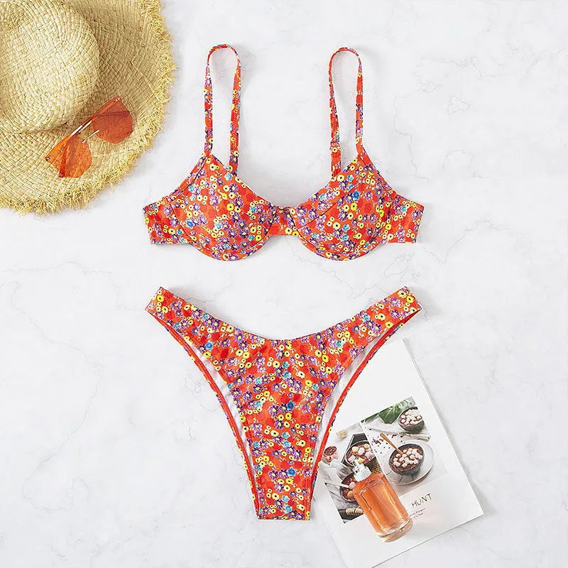 Red floral high-waisted women's one-piece swimsuit with side splits.
