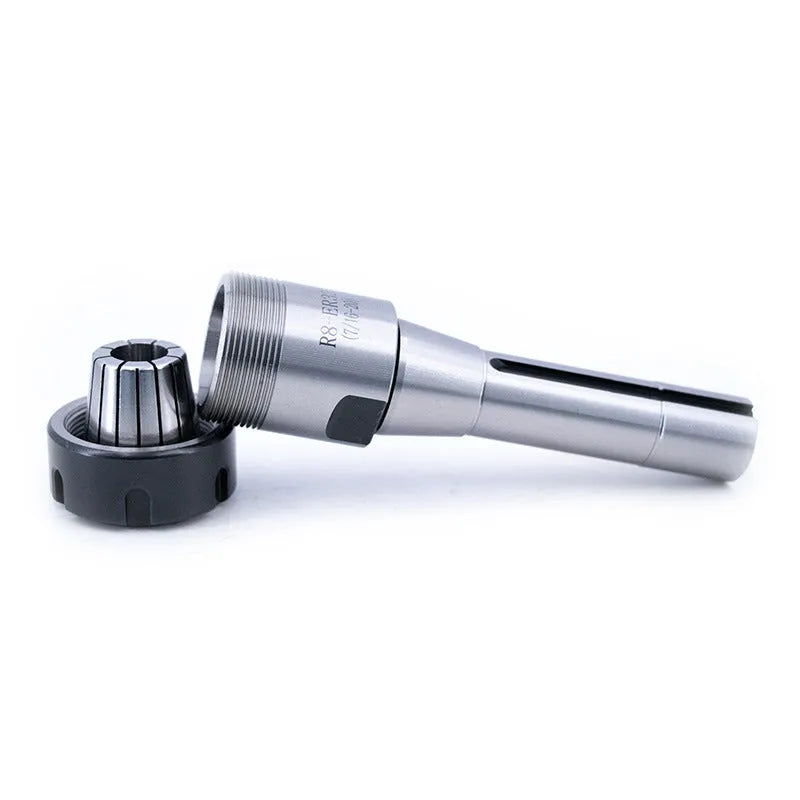 R8-ER32 collet tool set 17-piece with 65Mn steel holder, ER32 collets and wrench on workbench