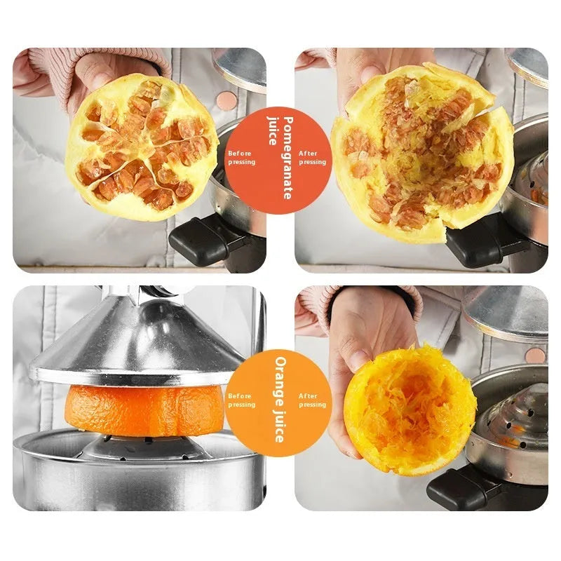 Black cast iron manual citrus juicer with stainless steel funnel on a kitchen counter.