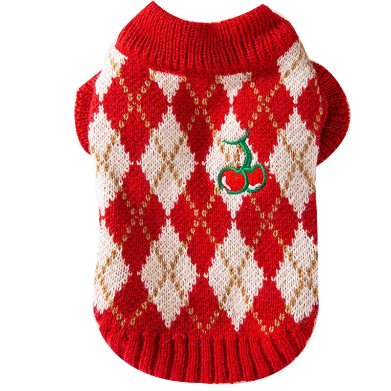 Red and white argyle knitted dog sweater with cherry embroidery for small dogs and cats