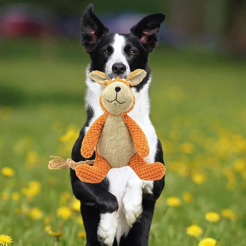 Plush squeaky dog toy in animal shape for chewing and teeth cleaning