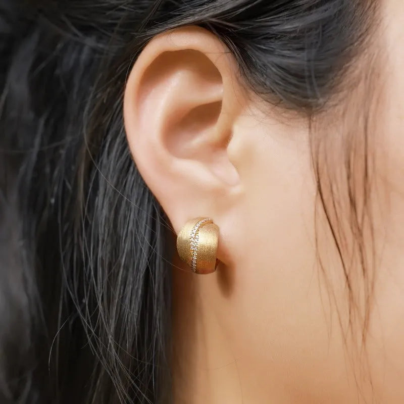 Frosted brushed geometric ear studs in 925 silver with 10k gold swimming paint finish, gold colour, pair of women's earrings