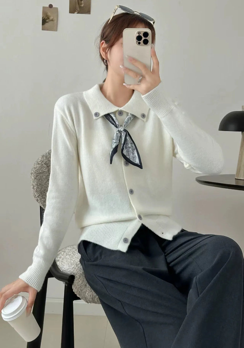 Beige lapel scarf sweater cardigan with splicing design and long sleeves
