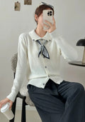 Beige lapel scarf sweater cardigan with splicing design and long sleeves