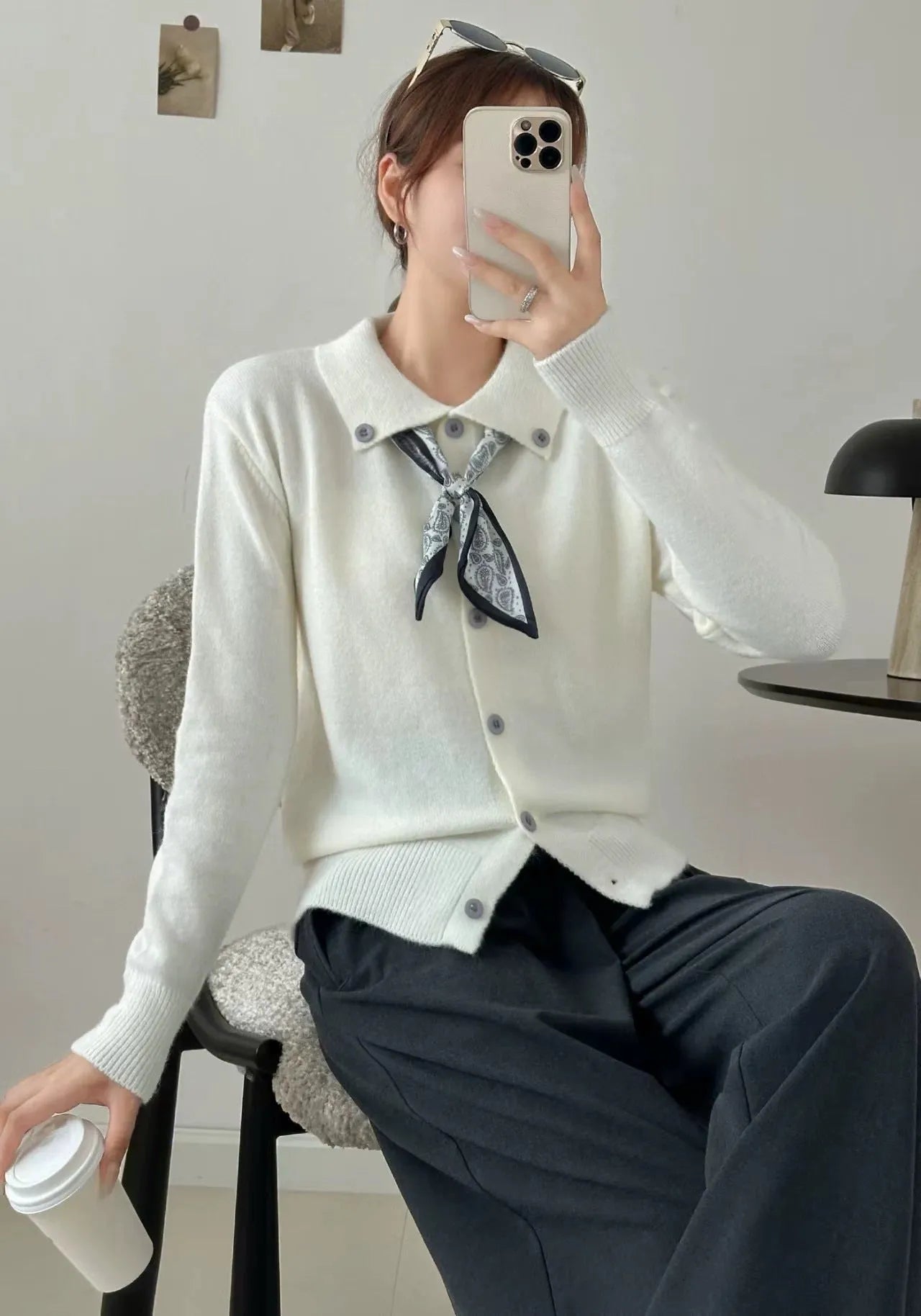 Beige lapel scarf sweater cardigan with splicing design and long sleeves