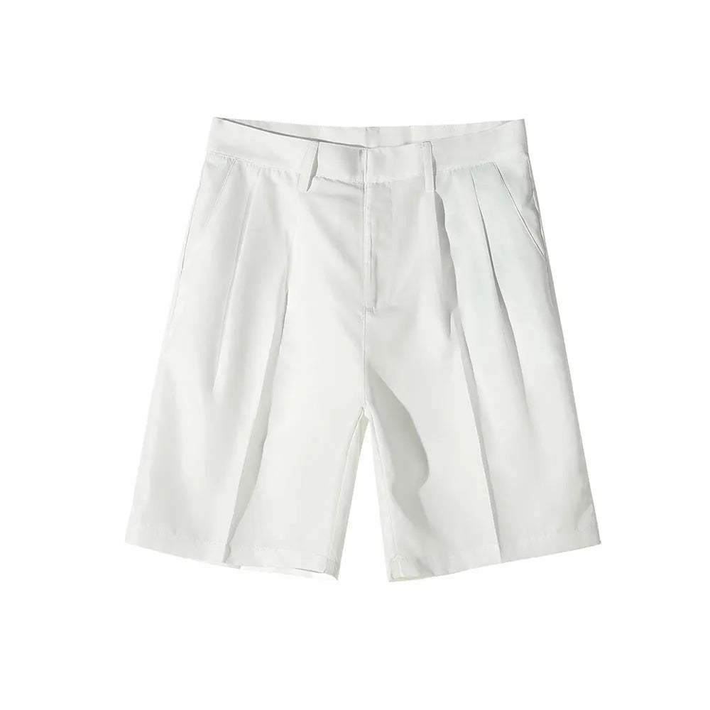 Men's straight-leg polyester shorts in solid black colour showing loose casual fit