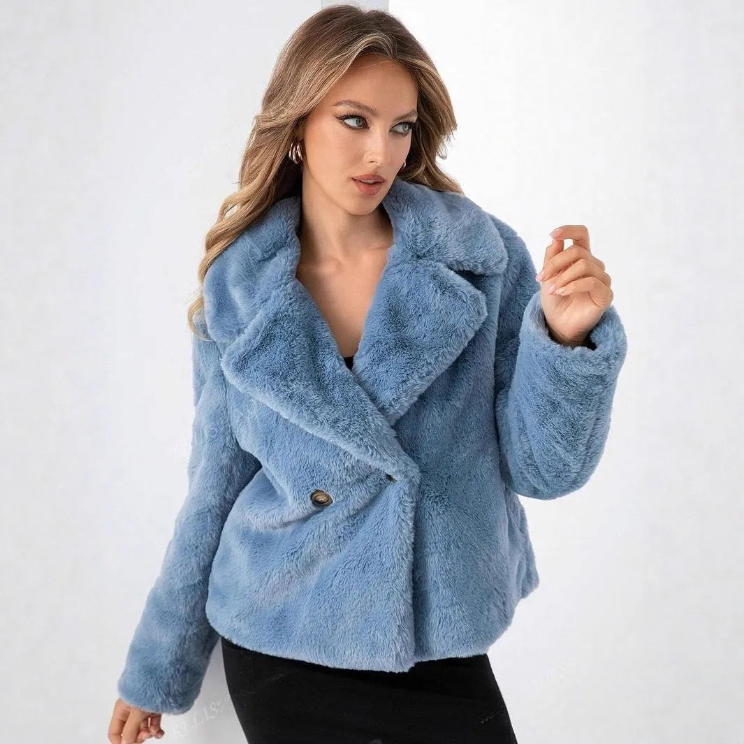A woman's short loose faux fur coat in a fresh and sweet style, shown in rose red.