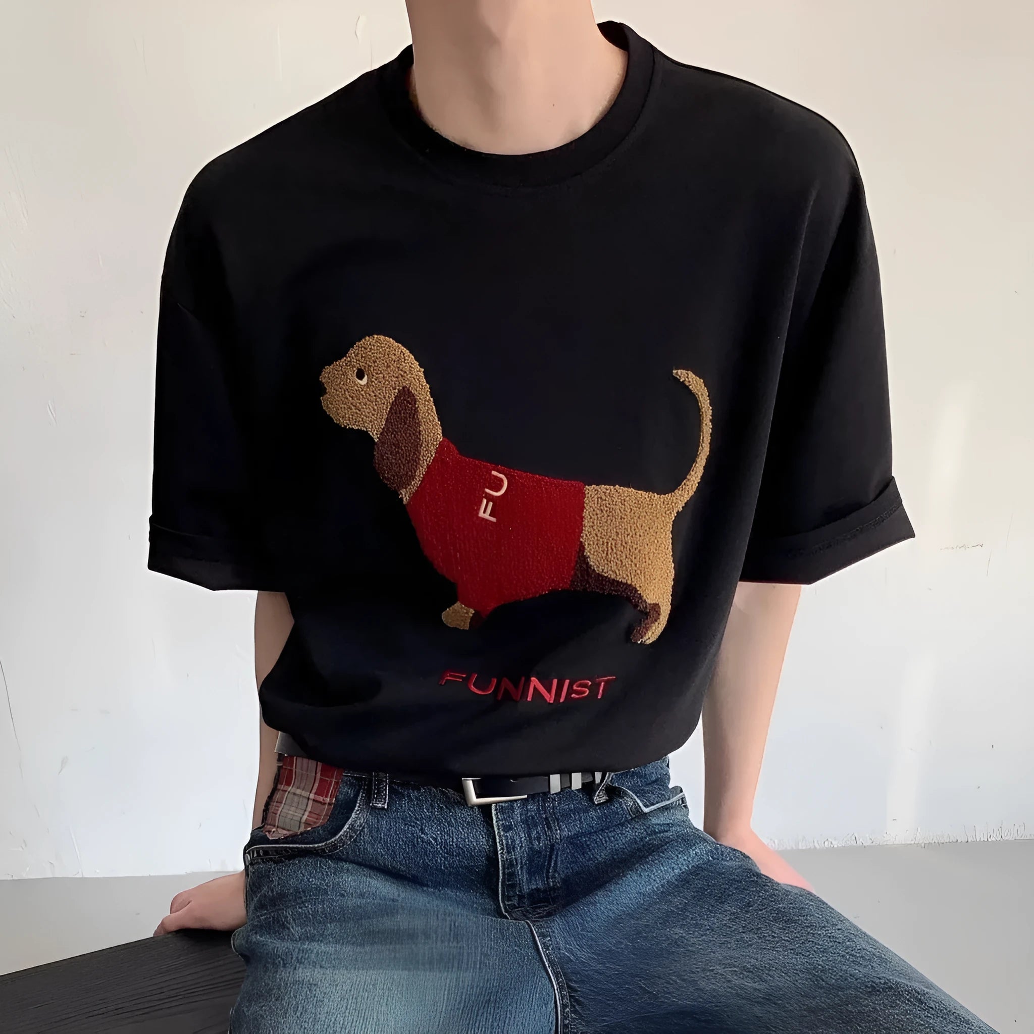 Men's grey cotton T-shirt with embroidered sausage dog wrapped in towel design
