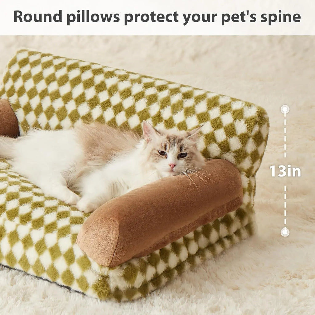 Checkered pattern pet sofa bed for small dog or cat with removable cover