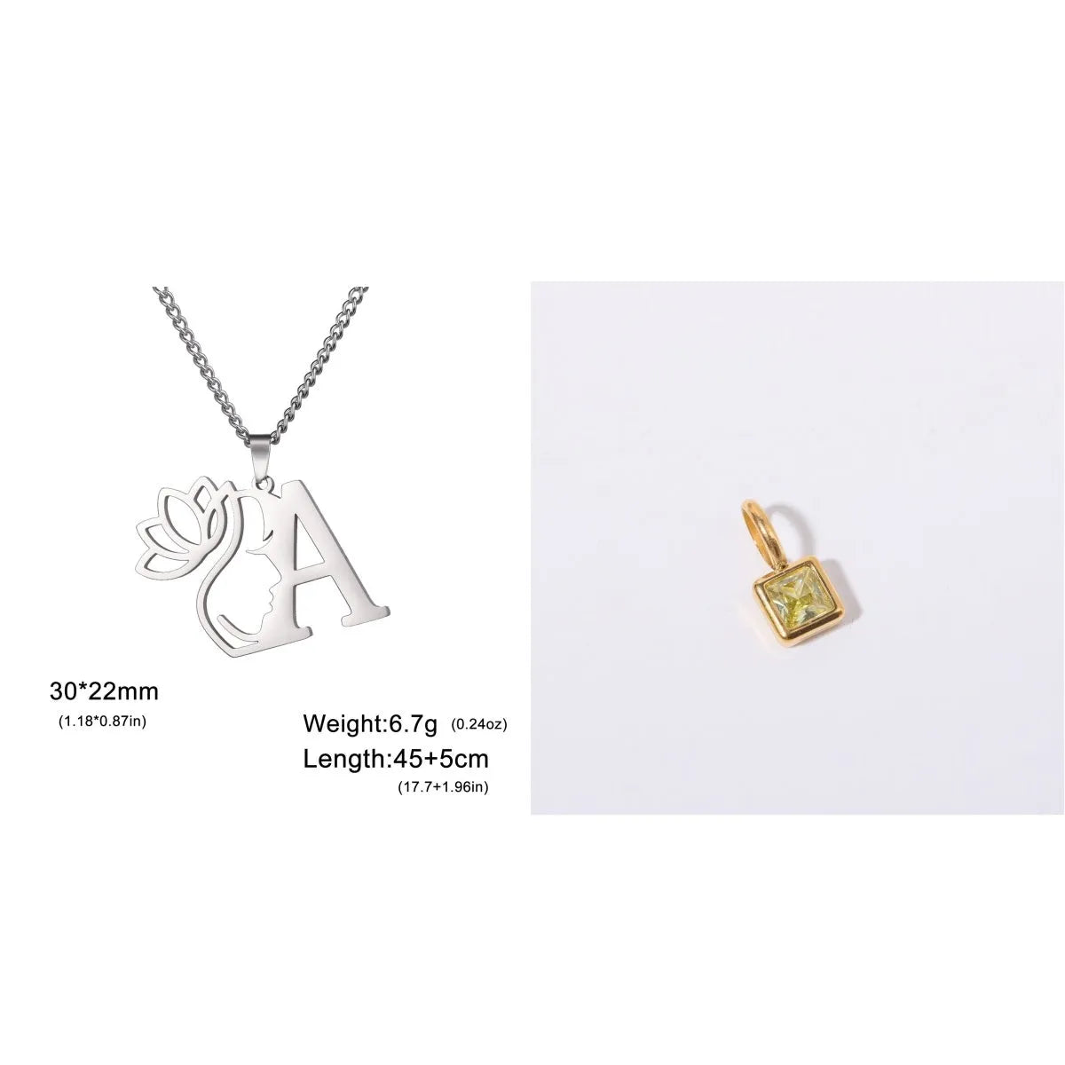 Gold electroplated stainless steel necklace with a cross chain and a letter 'A' pendant on a white background.