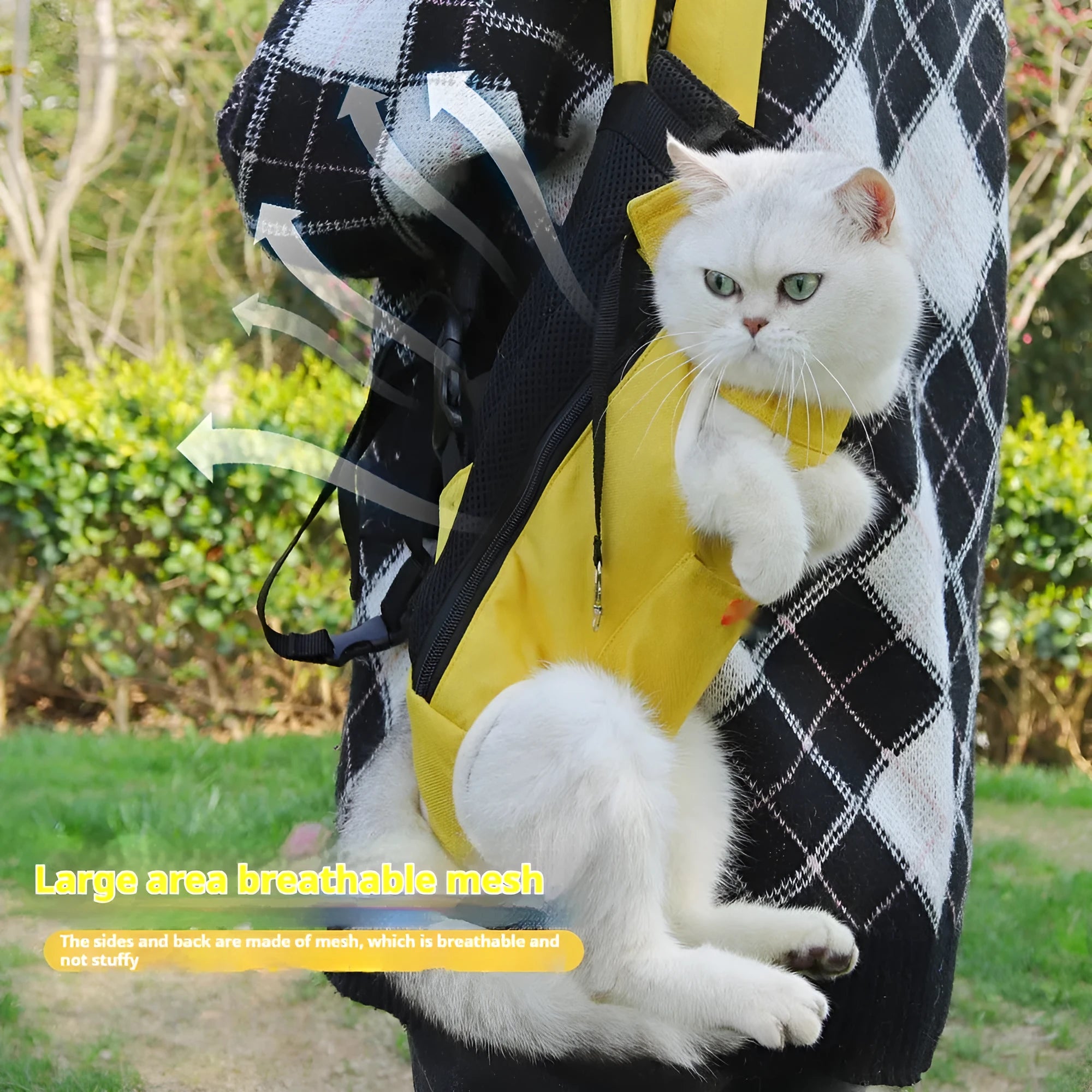 Open-headed shoulder breathable cat bag pet carrier in lemon yellow with pet peeking out