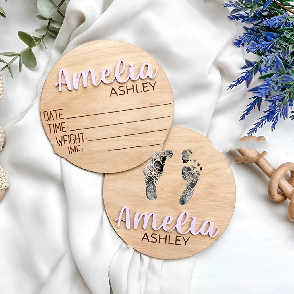 Brown limewood baby birth bulletin board with modern art design, 102mm size option