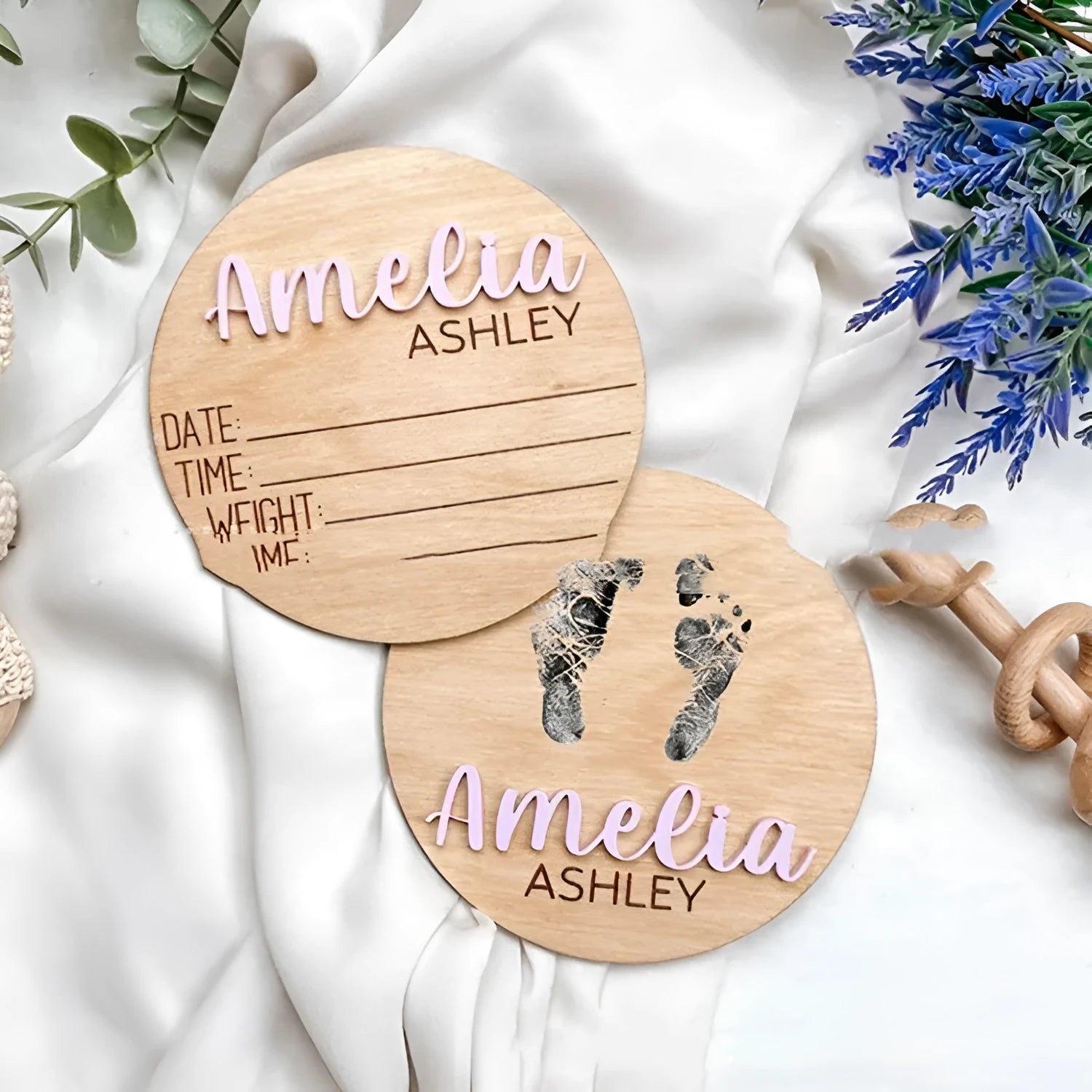Brown limewood baby birth bulletin board with modern art design, 102mm size option