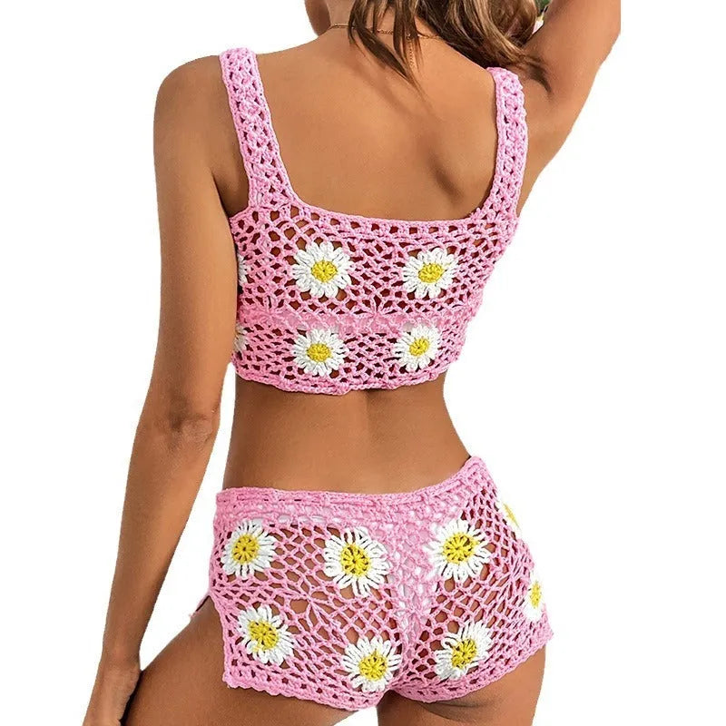 Light green floral bikini swimsuit with hollow yarn fabric in free size for swimming and sports activities