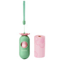 Colourful dog poo bag dispenser capsule with a roll of scented, biodegradable waste bags for dog walks