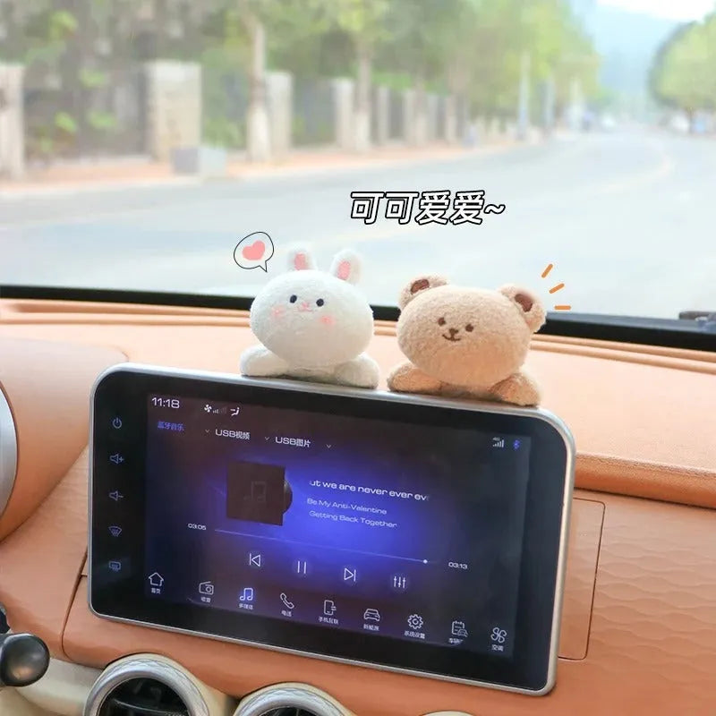 Cute fabric plush doll decoration for car centre console in bear and rabbit cartoon designs