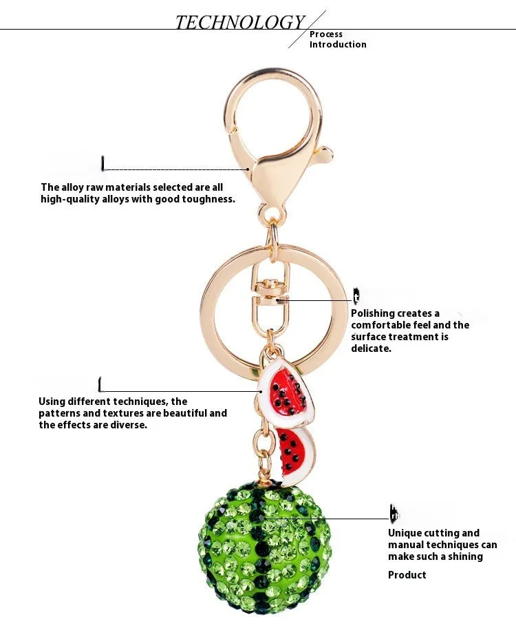 Green watermelon-shaped metal keychain on a white background