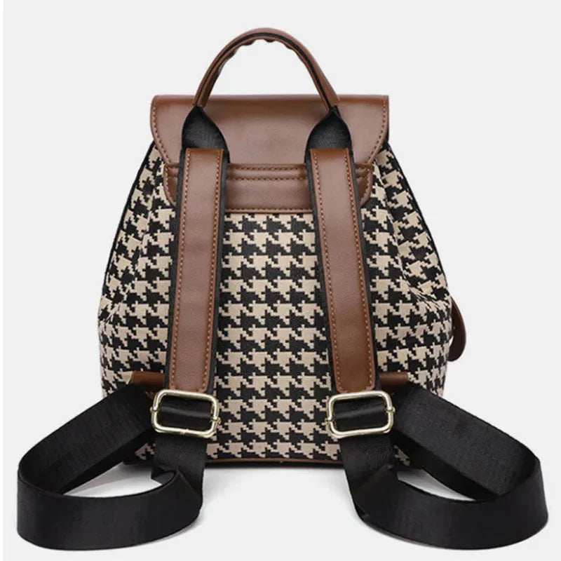 Houndstooth women's medium backpack Ostrich with Khaki contrast colour PU cover opening with car stitching